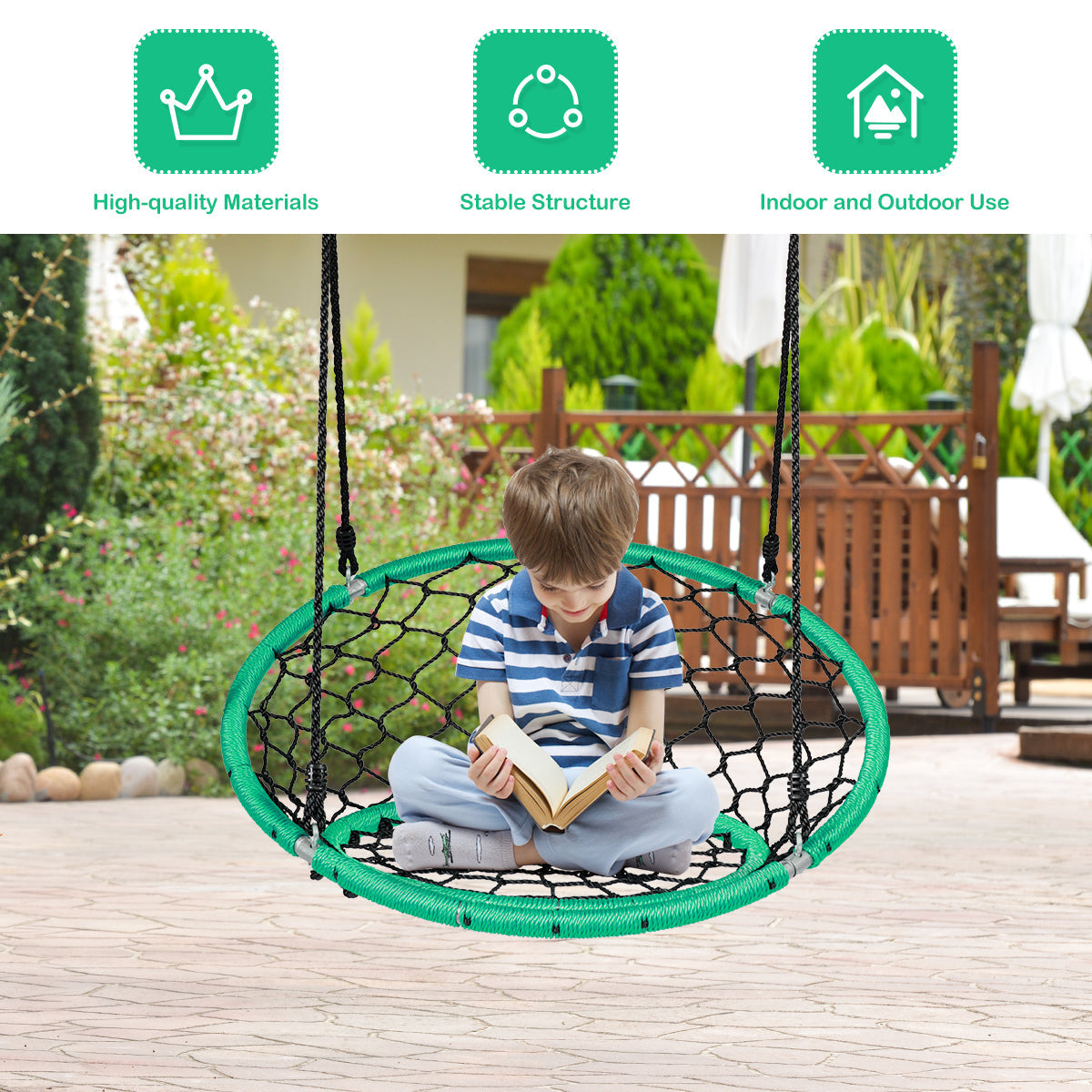 NNECW Net Hanging Swing Chair with Adjustable Hanging Ropes for Outdoor-Green-2