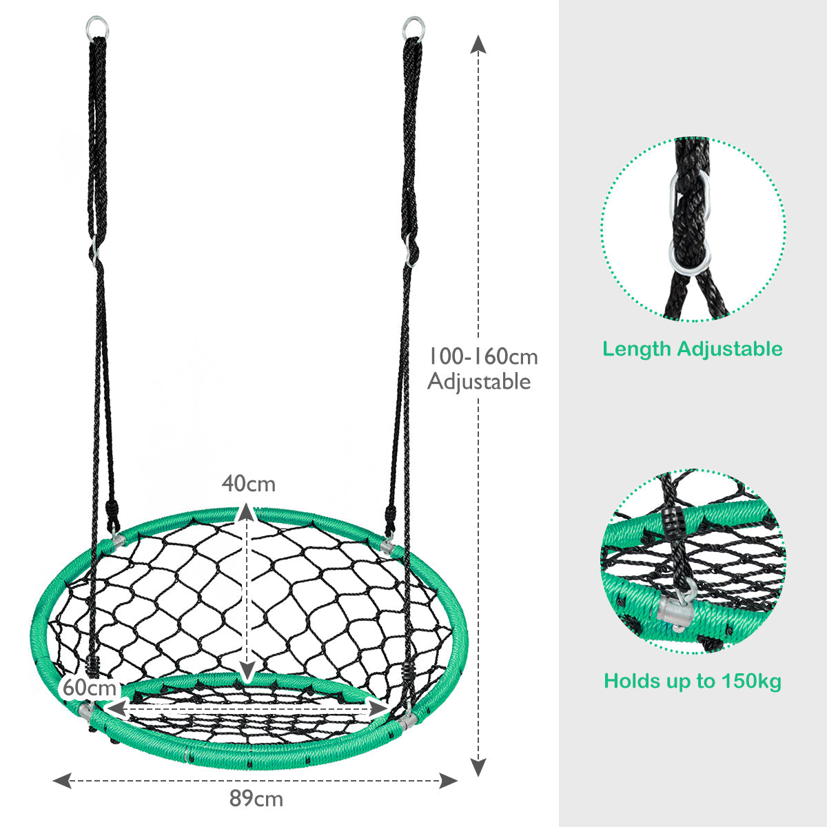 NNECW Net Hanging Swing Chair with Adjustable Hanging Ropes for Outdoor-Green-3
