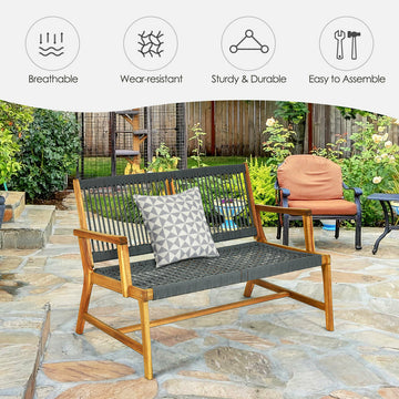 Acacia Wood Rope Bench, Two-Seater Outdoor Patio Loveseat - Gray
