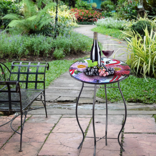 Round Glass Top Outdoor Patio Side Table with Folding Tripod Base