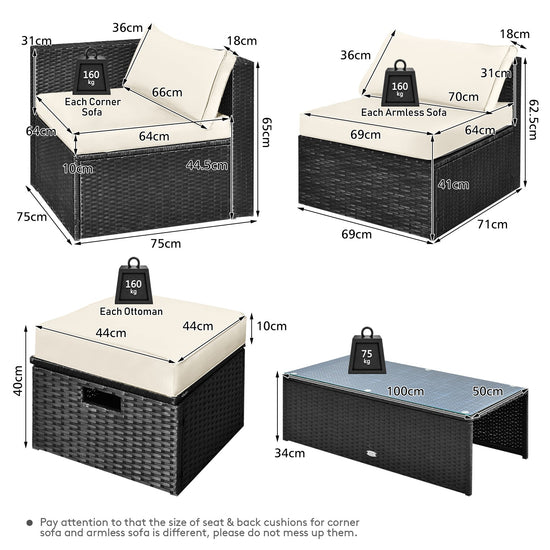 NNECW  8 Pieces Outdoor PE Rattan Conversation Set with Washable Cushion Covers-White-3