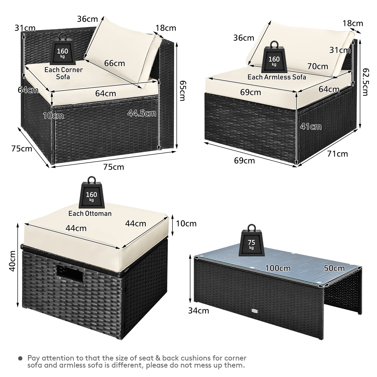 NNECW  8 Pieces Outdoor PE Rattan Conversation Set with Washable Cushion Covers-White-3