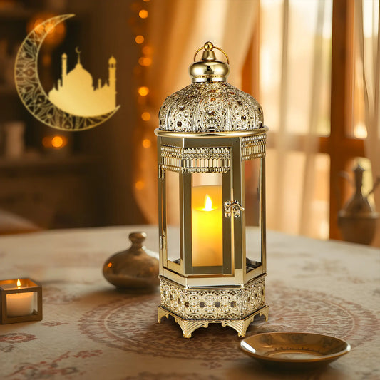 Moroccan Candle Lantern, 16" Gold Hexagonal Candle Holder