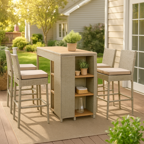 Wicker Bar Set — 5-piece with slatted acacia bar table and four cushioned wicker barstools