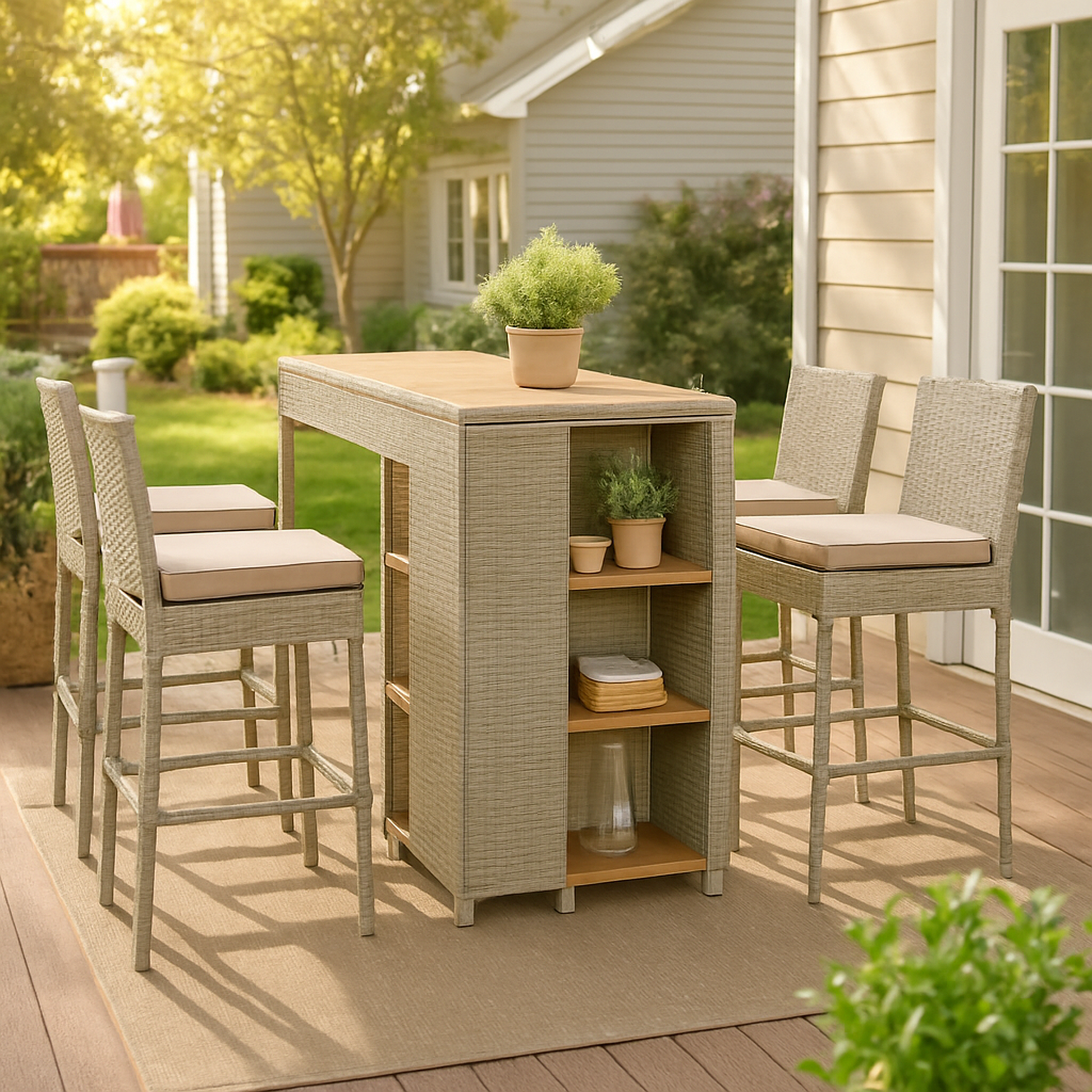 Wicker Bar Set — 5-piece with slatted acacia bar table and four cushioned wicker barstools